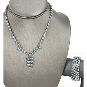 Rhinestone Necklace Bracelet Set Light Ice Blue 14" Stretch Bracelet Vintage